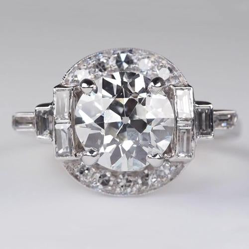 Round Old Miner Halo Engagement Ring Baguette Diamond 