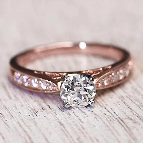 Rose Gold Unique Solitaire Ring with Accents White Gold Diamond