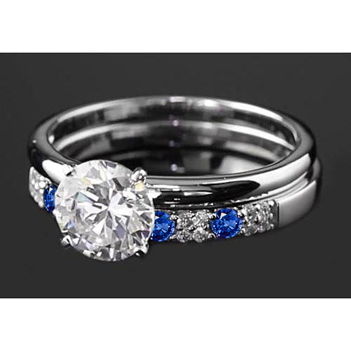 Products Engagement Ring Set 2.75 Carats Round Diamond & Blue Sapphire 4 Prong