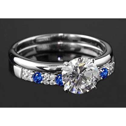 Engagement Ring Set 2.75 Carats Round Natural Earth Mined Diamond & Blue Sapphire 4 Prong