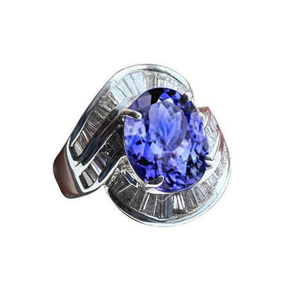  New High Quality Fancy Women Ring Tanzanite Oval And Baguette Diamonds New