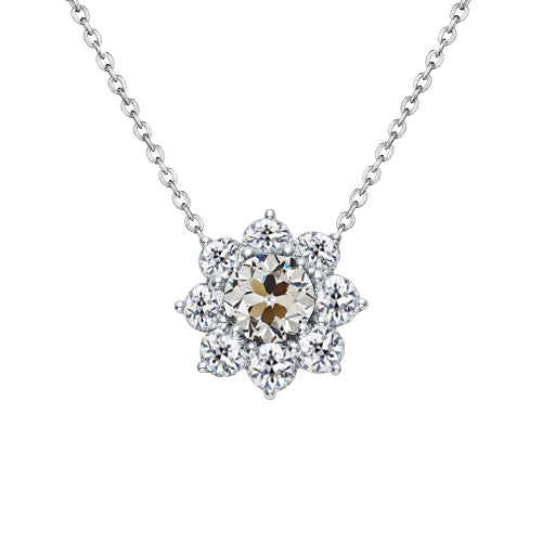 Flower Gold Pendant 2 Carats Round Old Miner Diamond 