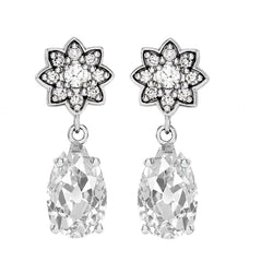 Flower Style Diamond Drop Earrings Oval Old Cut White Gold 9 Carats