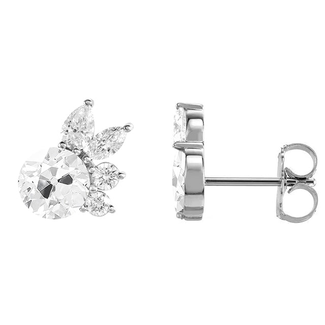 Flower Style Diamond Stud Earrings Round and Marquise Old Cut 5 Carats
