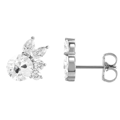 Flower Style Diamond Stud Earrings Round and Marquise Old Cut 5 Carats