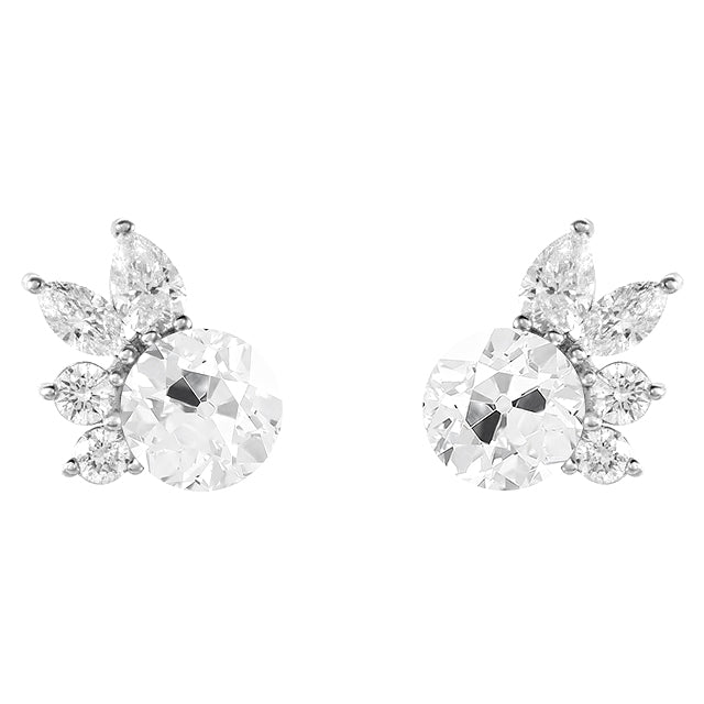 Flower Style Diamond Stud Earrings Round and Marquise Old Cut 5 Carats