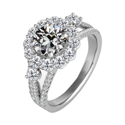Flower Style Old Cut Halo Diamond Engagement Ring Split Shank 4 Carats
