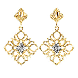 Flower Style Yellow Gold Diamond Drop Earrings Round Old Cut 1 Carat