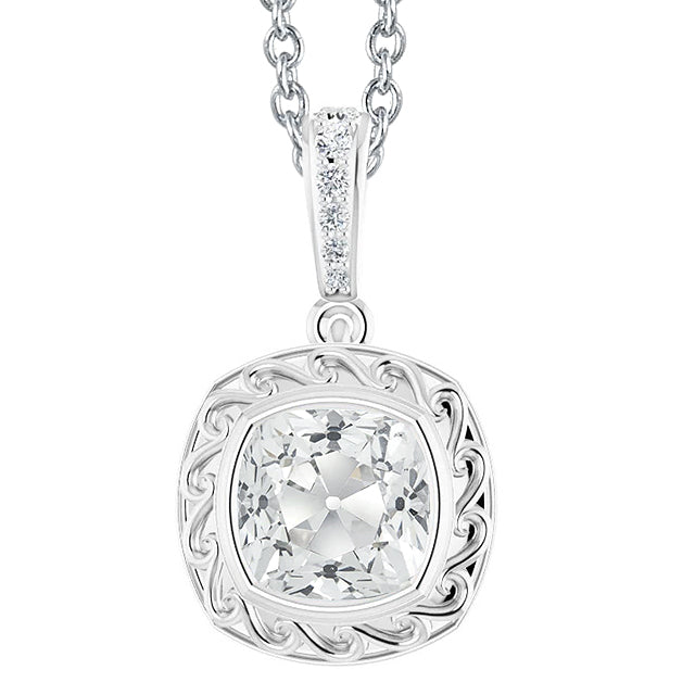 Square Diamond Pendant Cushion Old Cut Bezel Set
