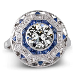 Gold Art Deco Jewelry New Halo Ring Blue Sapphire & Old Cut Diamond Star Style