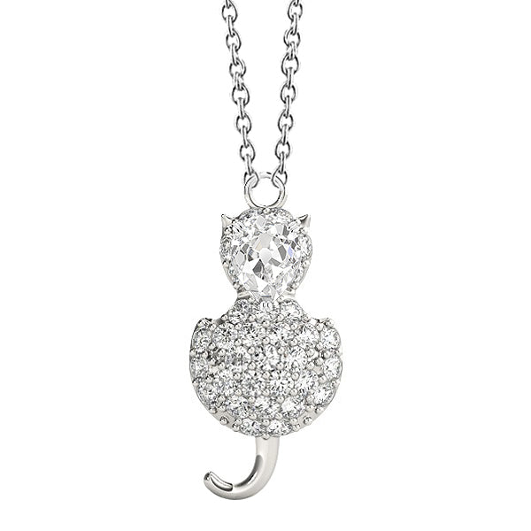 Gold Diamond Cat Shaped Pendant Round & Pear Old Miner