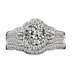 Gold Engagement Ring Set Pear & Round Old Mine Cut Real Natural Earth Mined Diamond 8.50 Carats