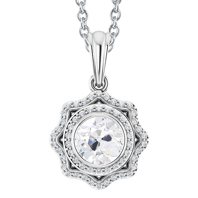 Halo Diamond Pendant Bezel Round Old Miner