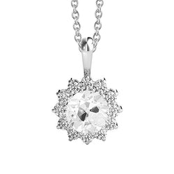 Gold Halo Diamond Pendant With Chain Round Old Mine Cut 3 Carats
