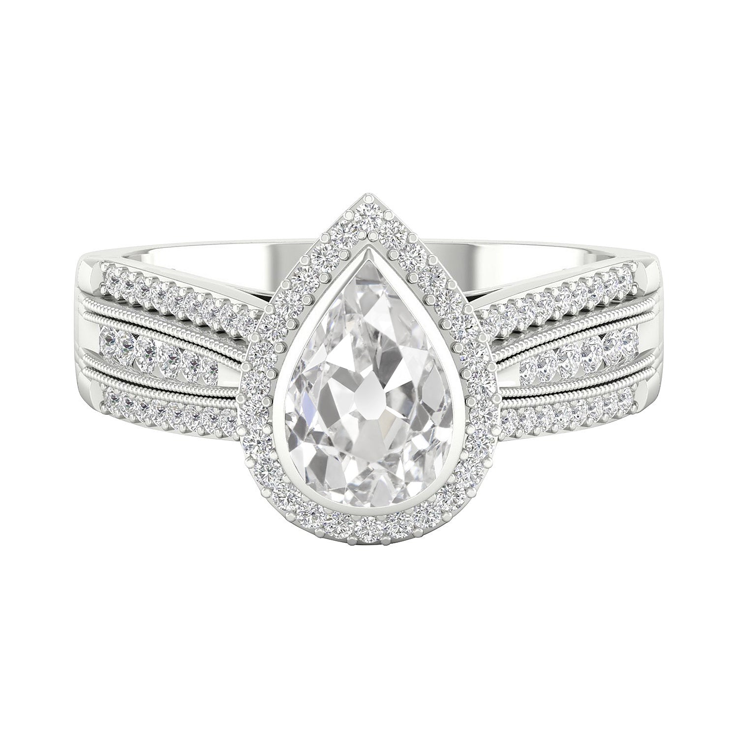 Gold Halo Old Miner Pear Diamond Ring