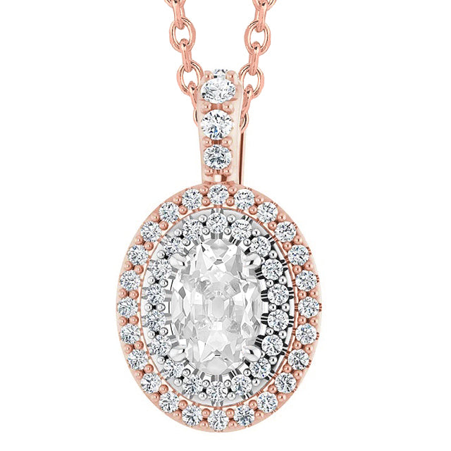 Gold Halo Oval Old Mine Cut Diamond Pendant