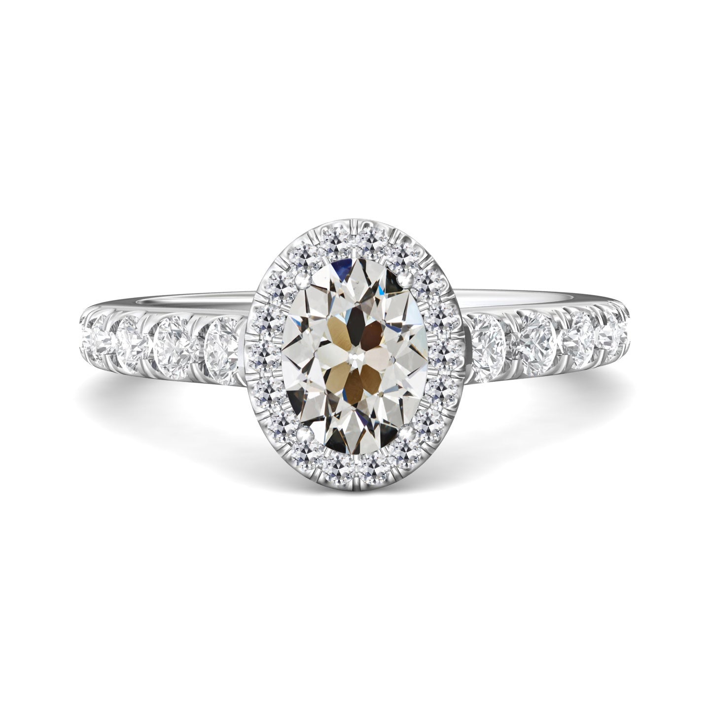Gold Halo Ring Oval Old Mine Cut Diamond