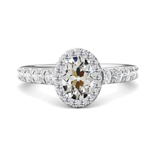 Gold Halo Ring Oval Old Mine Cut Diamond