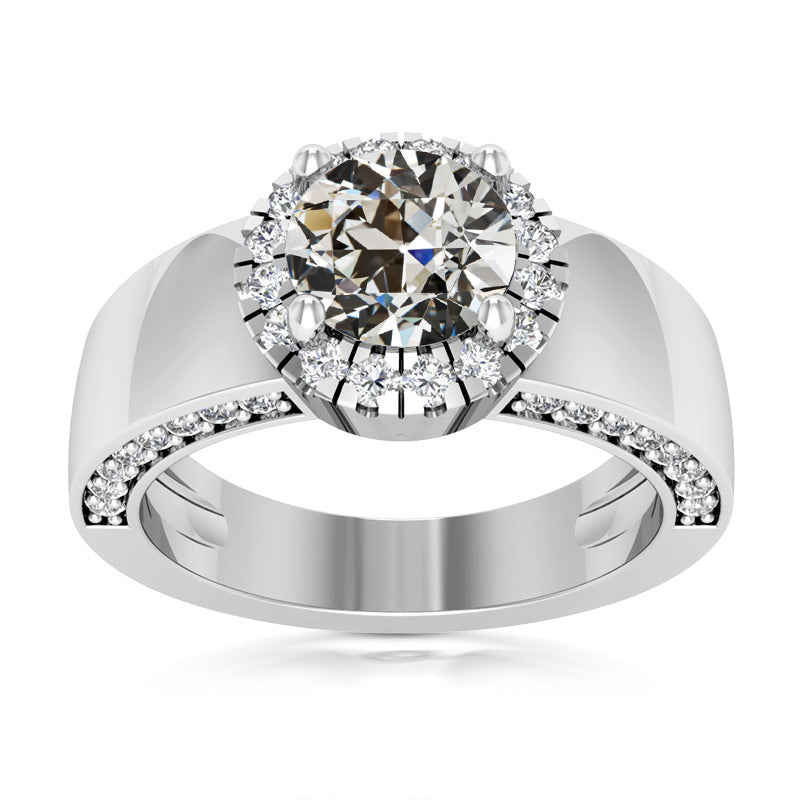 Gold Halo Wedding Ring Old Miner Cut Diamond Wide Band