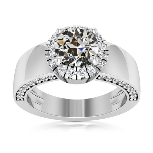 Gold Halo Wedding Ring Old Miner Cut Diamond Wide Band