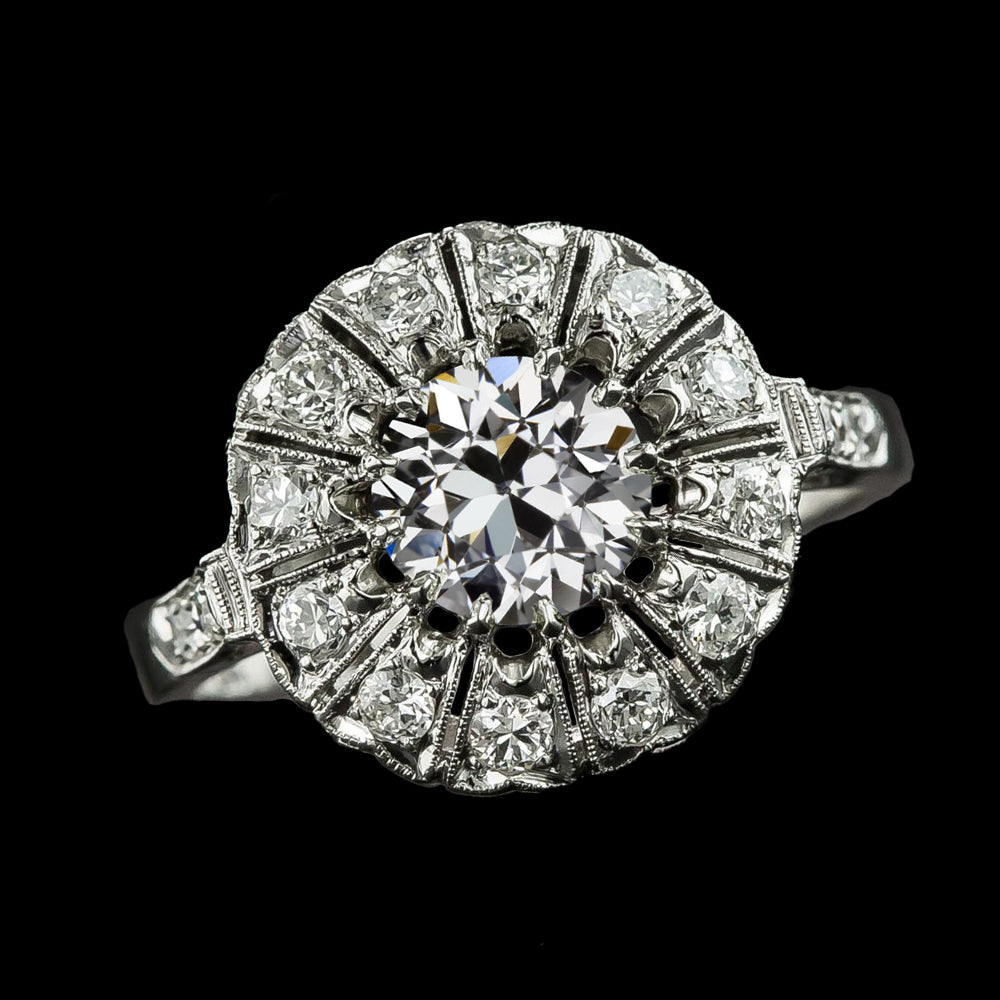 Gold Halo Wedding Ring Round Diamond Old European