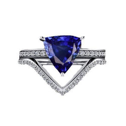 Gold Round Diamond Engagement Ring Set Trillion Sapphire 3 Carats