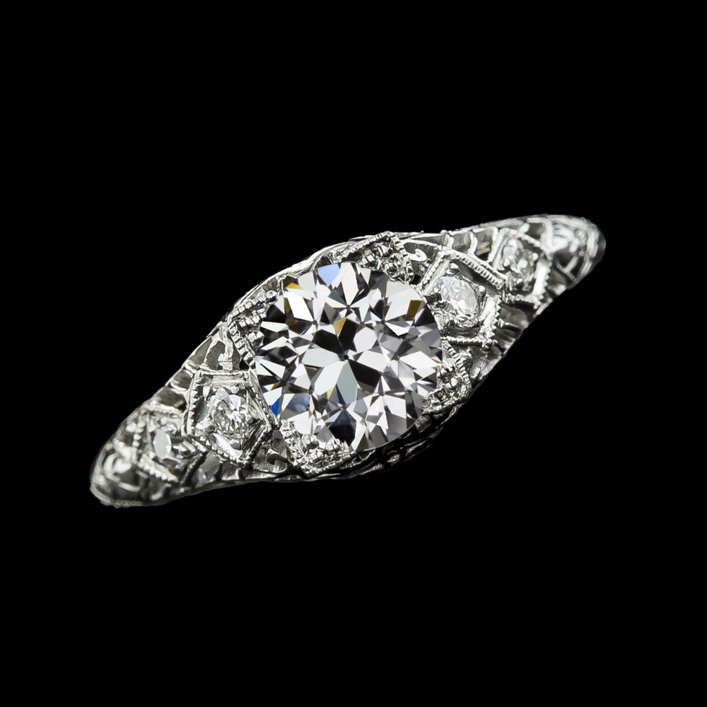 White Gold Round Old Miner Diamond Ring Antique Style Filigree