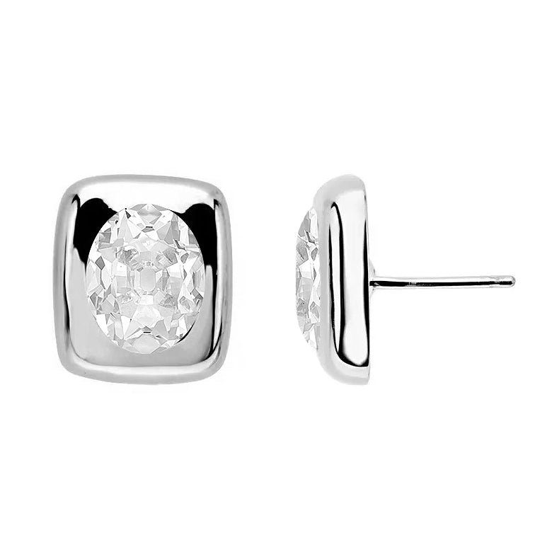 Gold Square Studs 6 Ct Diamond Earrings Oval Old Miner  