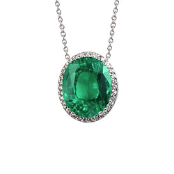 Green Emerald Diamond Pendant Necklace 6.25 Carat White Gold 14K