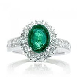  Ladies Brilliant Style Oval Green Emerald Diamond Gemstone Ring White Gold