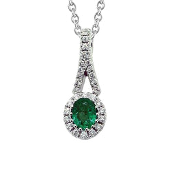 Green Emerald & Oval Diamond Gemstone Pendant Necklace 5 Ct. WG 14K