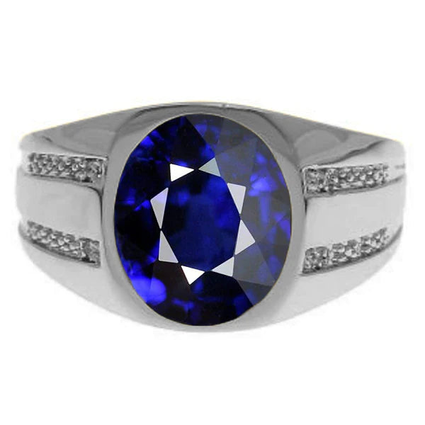 Gypsy Gemstone Vintage Style Oval Blue Sapphire Mens Diamond Ring 