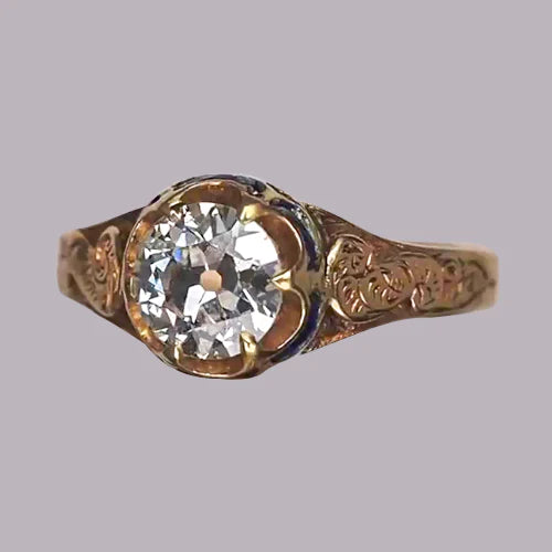 Gypsy Gold Solitaire Ring Old Cut Round Diamond 1.50 Ct Vintage Style