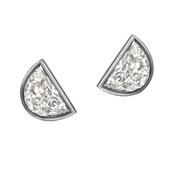 Half Moon Diamond Stud Earrings White Gold Bezel Set 2 Carats