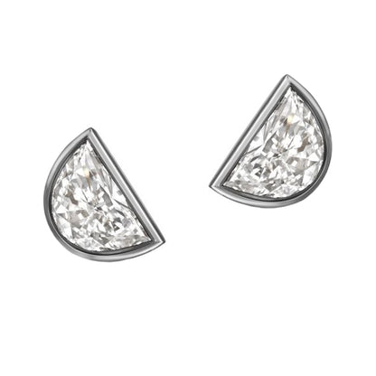 Half Moon Diamond Stud Earrings White Gold Bezel Set 2 Carats