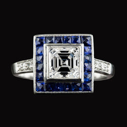 Halo Asscher Natural Earth Mined Diamond & Trapezoid Blue Sapphires Ring 5 Carats Gold