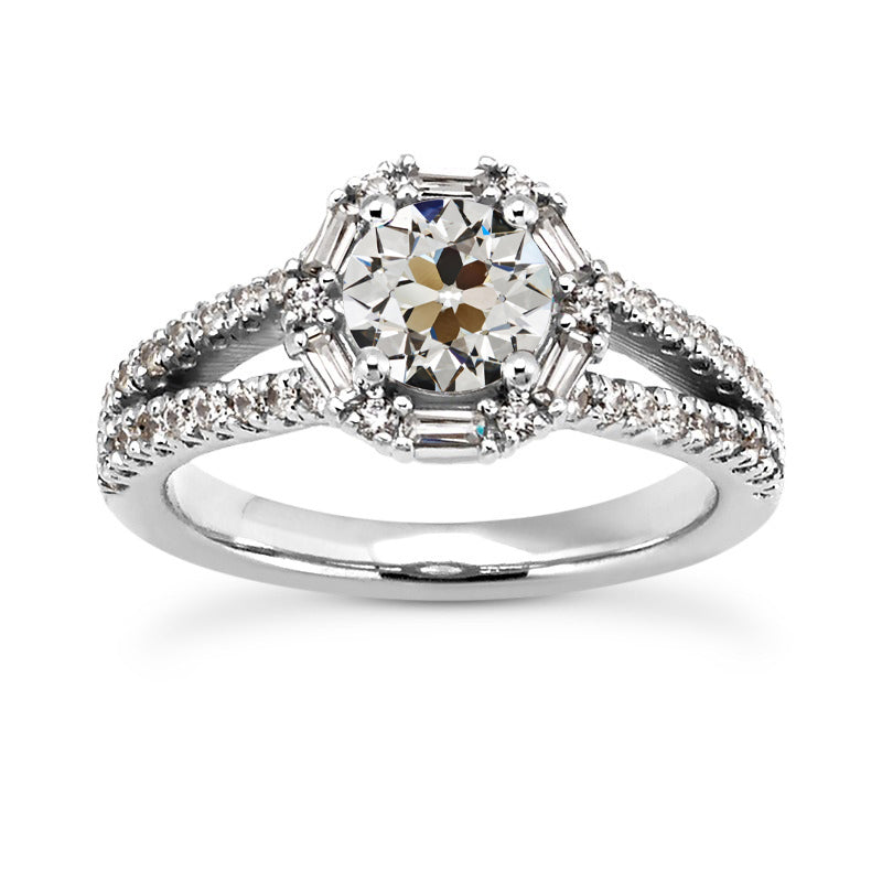 Halo Baguette & Round Old Cut Diamond Ring