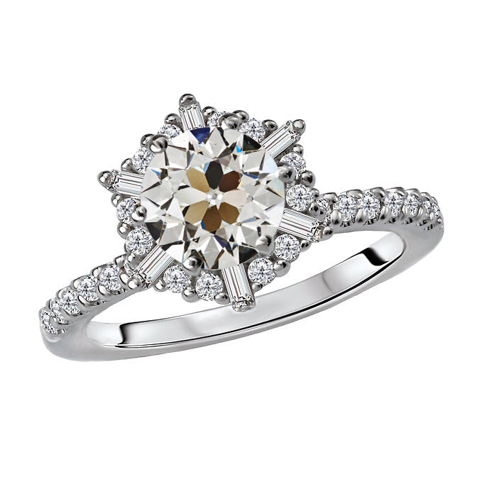 Halo Baguette & Round Old Miner Diamond Ring