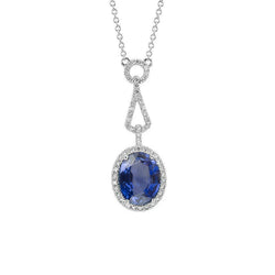 Halo Blue Sapphire And Diamonds Pendant Necklace 4 Carats Gold 14K