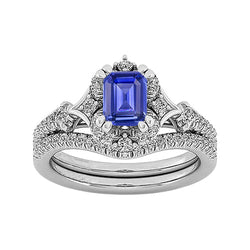 Halo Cathedral Setting Wedding Ring Set Blue Sapphire & Diamonds