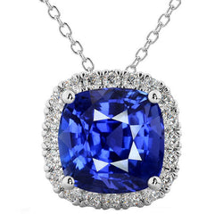 Halo Cushion Blue Sapphire & Natural Earth Mined Diamond Pendant Jewelry 10.75 Carats