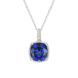 Halo Cushion Blue Sapphire & Natural Earth Mined Diamond Pendant With Chain 4 Carats