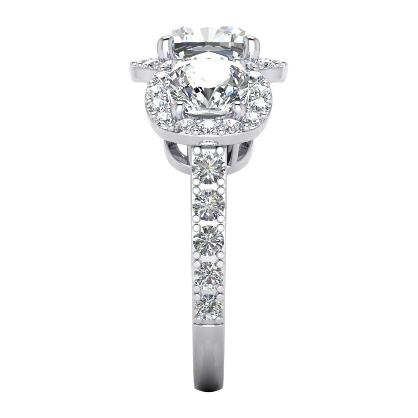 Halo Cushion Diamond 3 Stone Ring Prong Setting