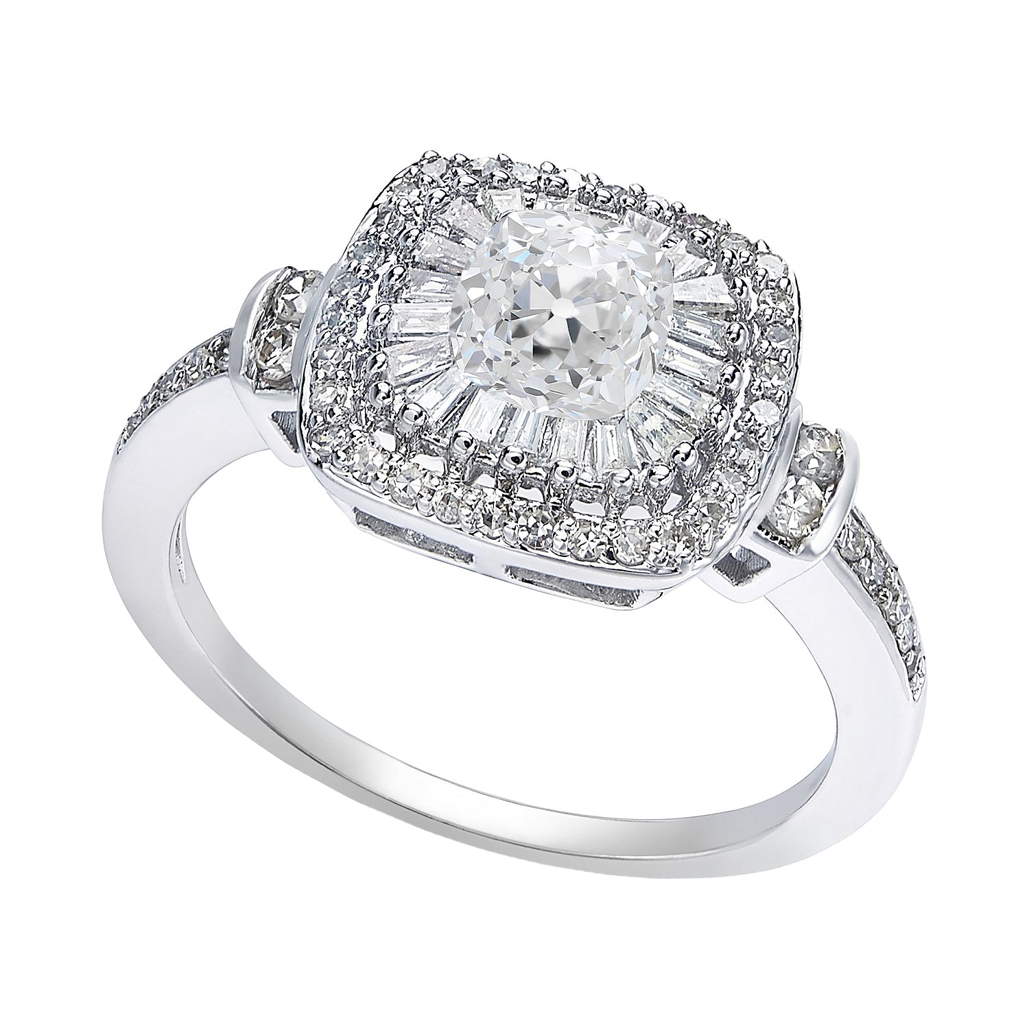 Halo Cushion Old Miner Baguette & Round Diamond Ring 