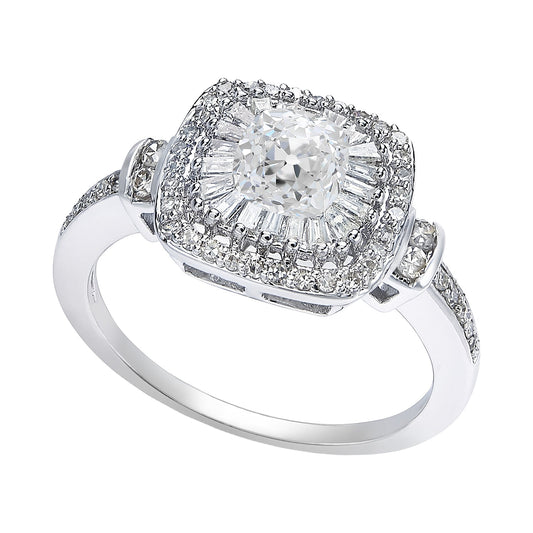 Halo Cushion Old Miner Baguette & Round Diamond Ring 
