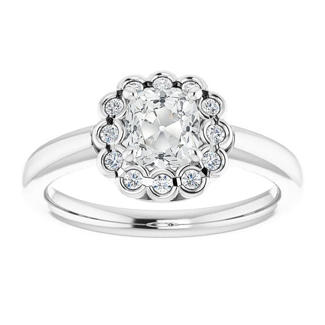 Half bezel Set Halo Cushion Old Miner Diamond Ring