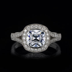 Halo Cushion Old Cut & Round Natural Earth Mined Diamond Ring Split Shank 3 Carats