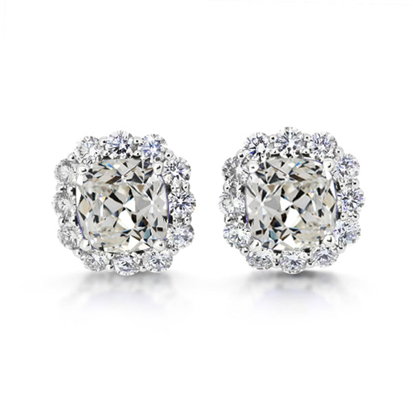 Halo Cushion Old Mine Cut Diamond Stud Earrings 7 Carats