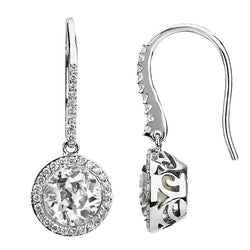 Halo Diamond Dangle Earrings 6 Carats Round Old Mine Cut White Gold