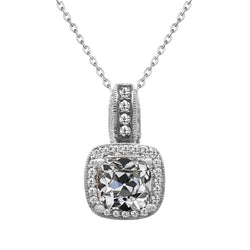 Halo Real Diamond Necklace 4 Ct Cushion Old Miner 14K White Gold